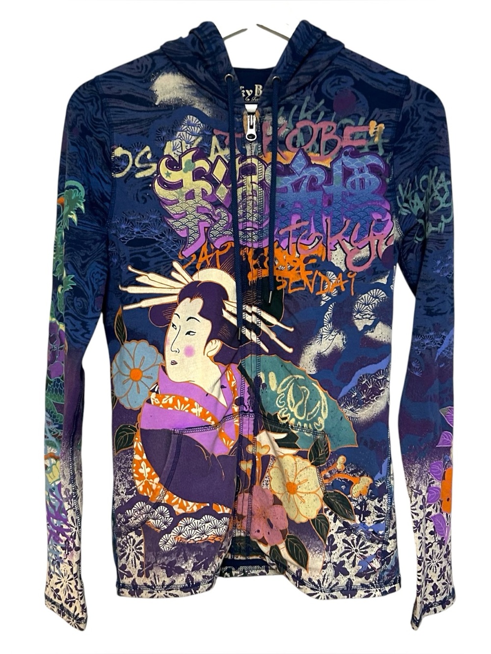 Y2K lucky brand S zip up hoodie sweatshirt geisha AOP Asian Art DRAGON indie